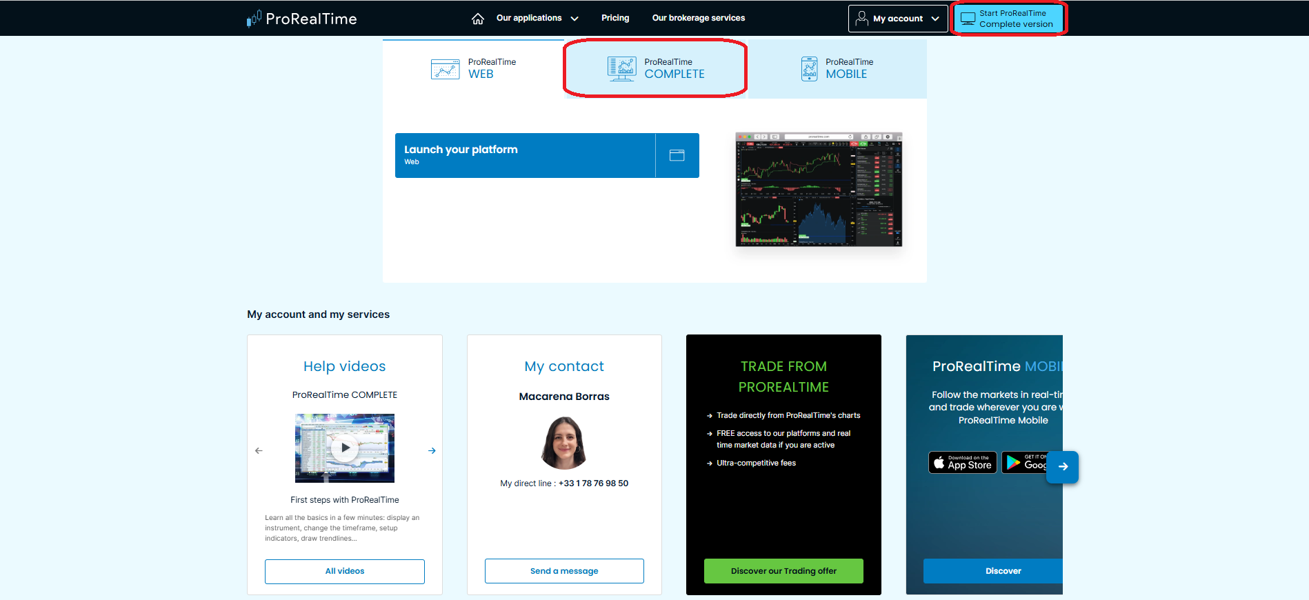 ProRealTime account dashboard – home screen
