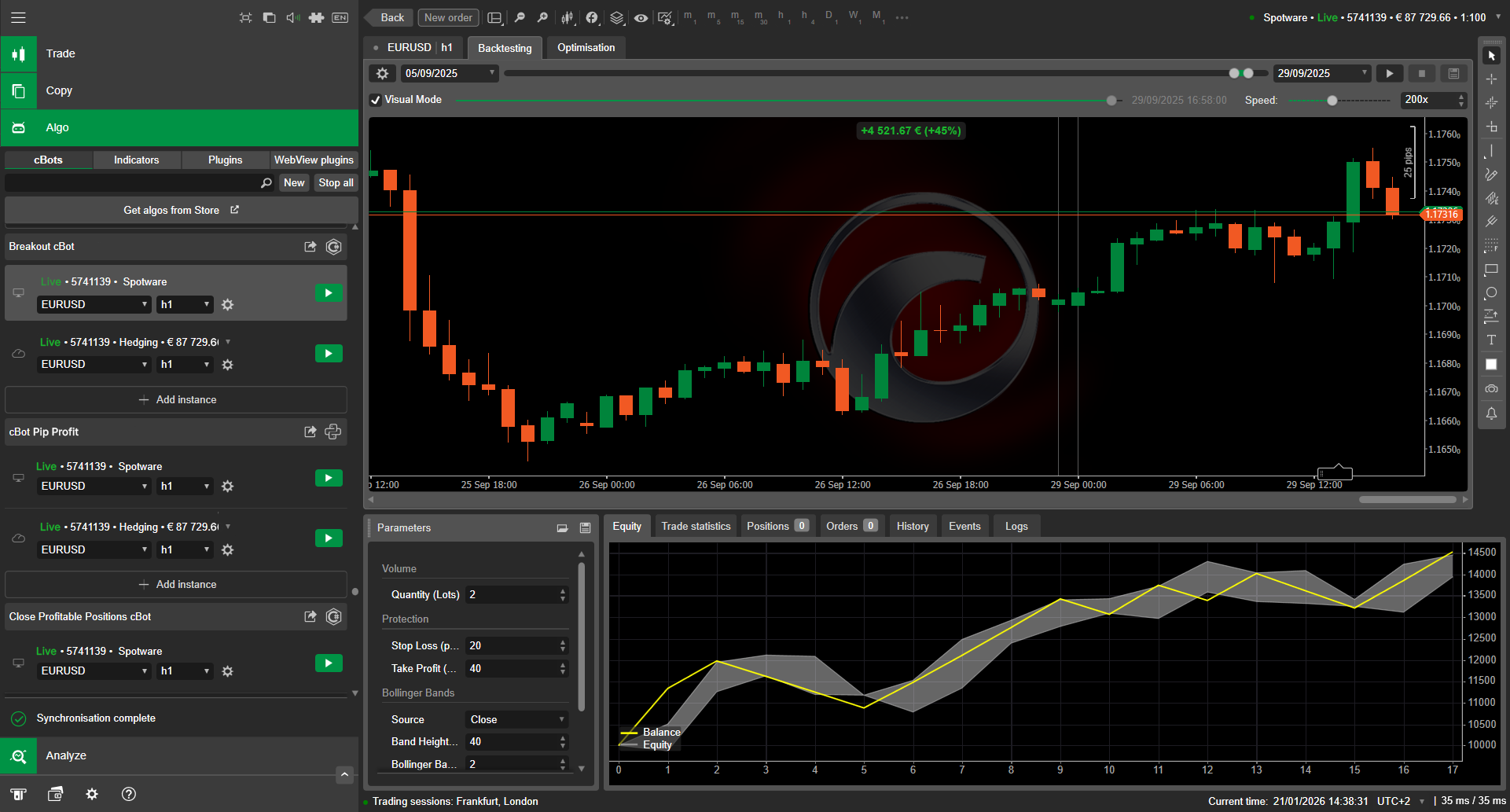 cTrader backtesting results showing equity curve and performance metrics