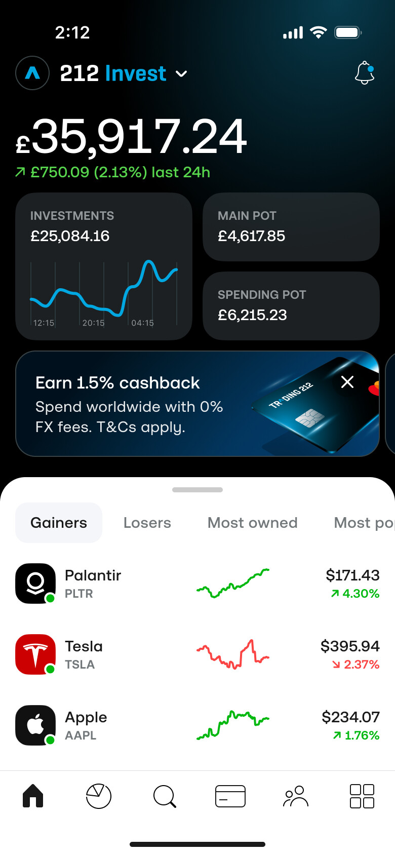 Trading 212 mobile app home screen showing portfolio value, investment pots, and 212 Card cashback