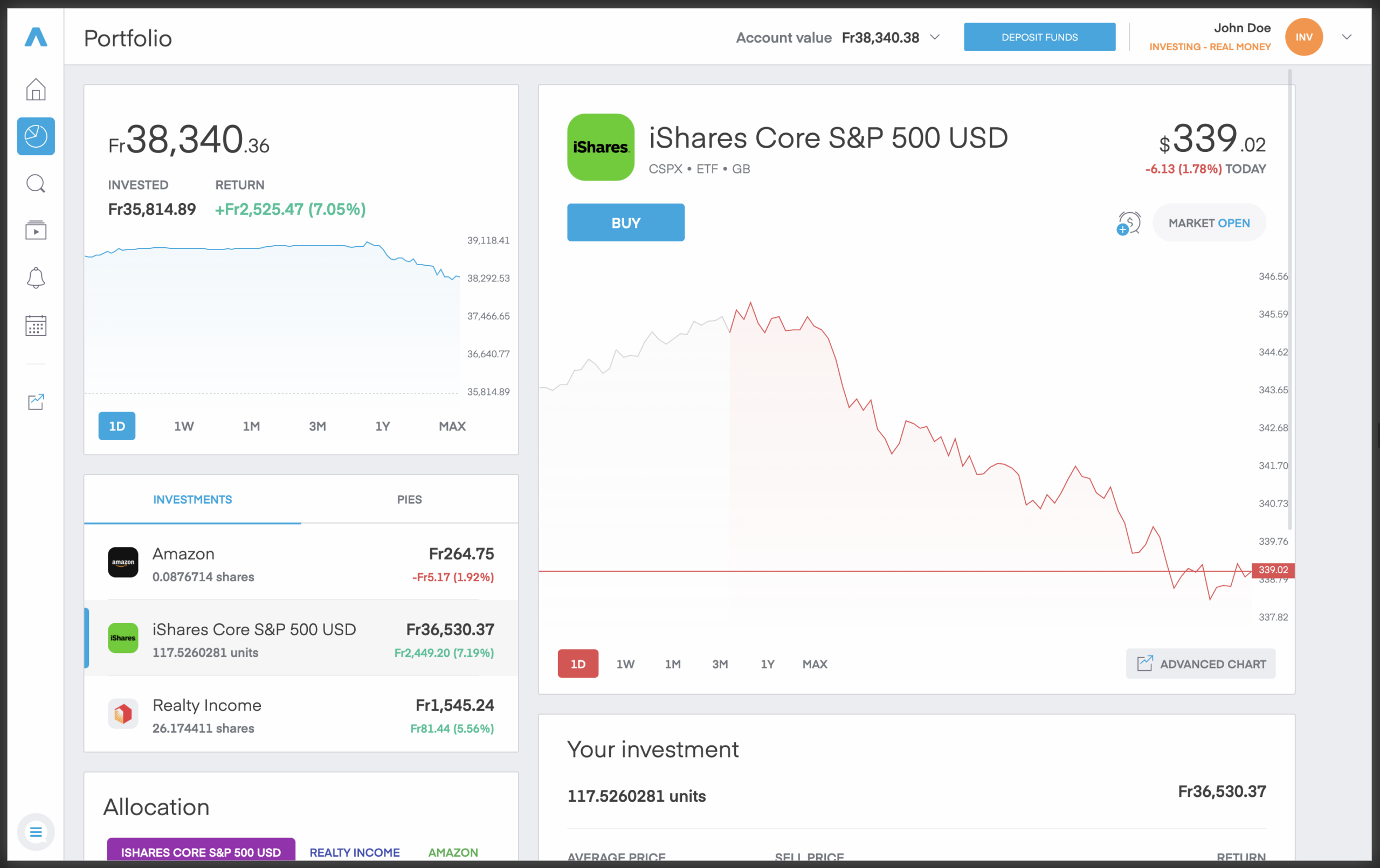 Trading 212 web app portfolio view showing investments, allocation breakdown, and performance chart