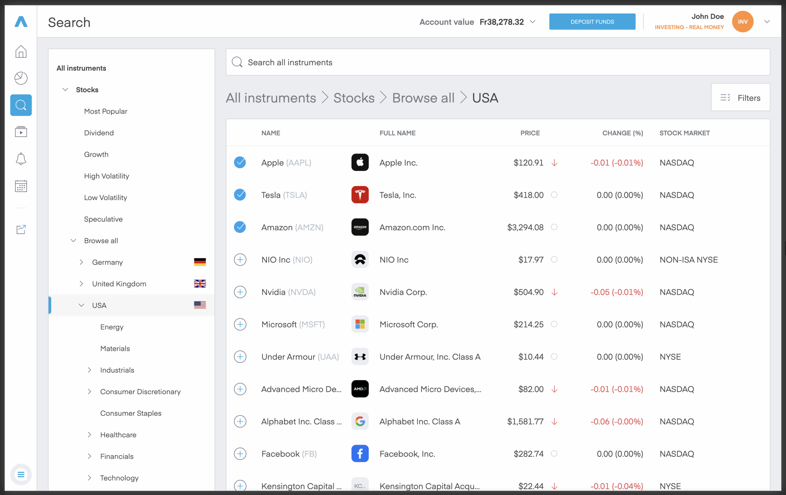 Trading 212 stock search and browsing interface with filters by country and sector