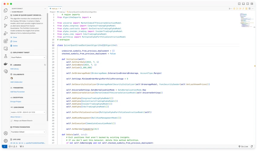 QuantConnect Algorithm Lab IDE with Python code editor