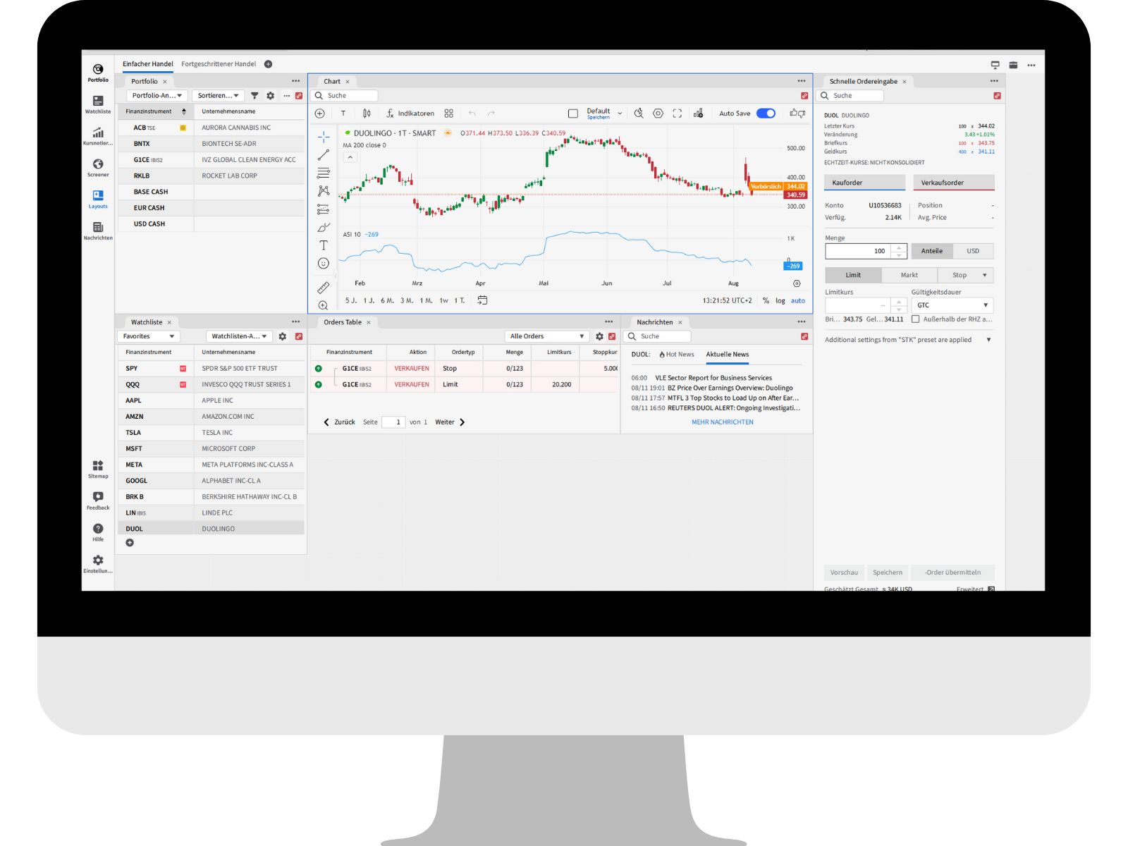 CapTrader Desktop platform light mode with portfolio view
