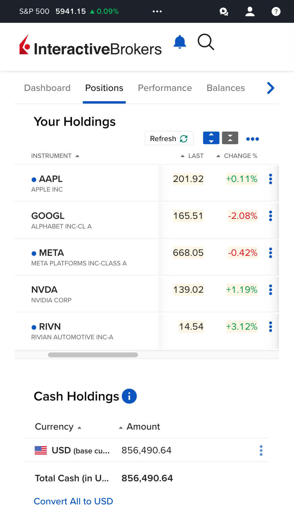 Interactive Brokers mobile app showing portfolio positions and cash holdings