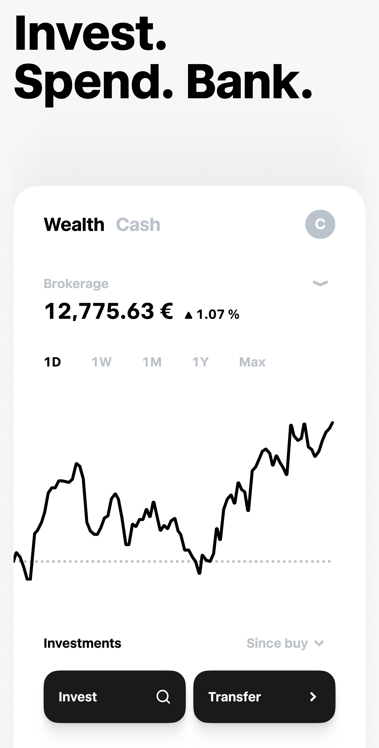 Trade Republic app portfolio dashboard showing wealth overview and performance chart