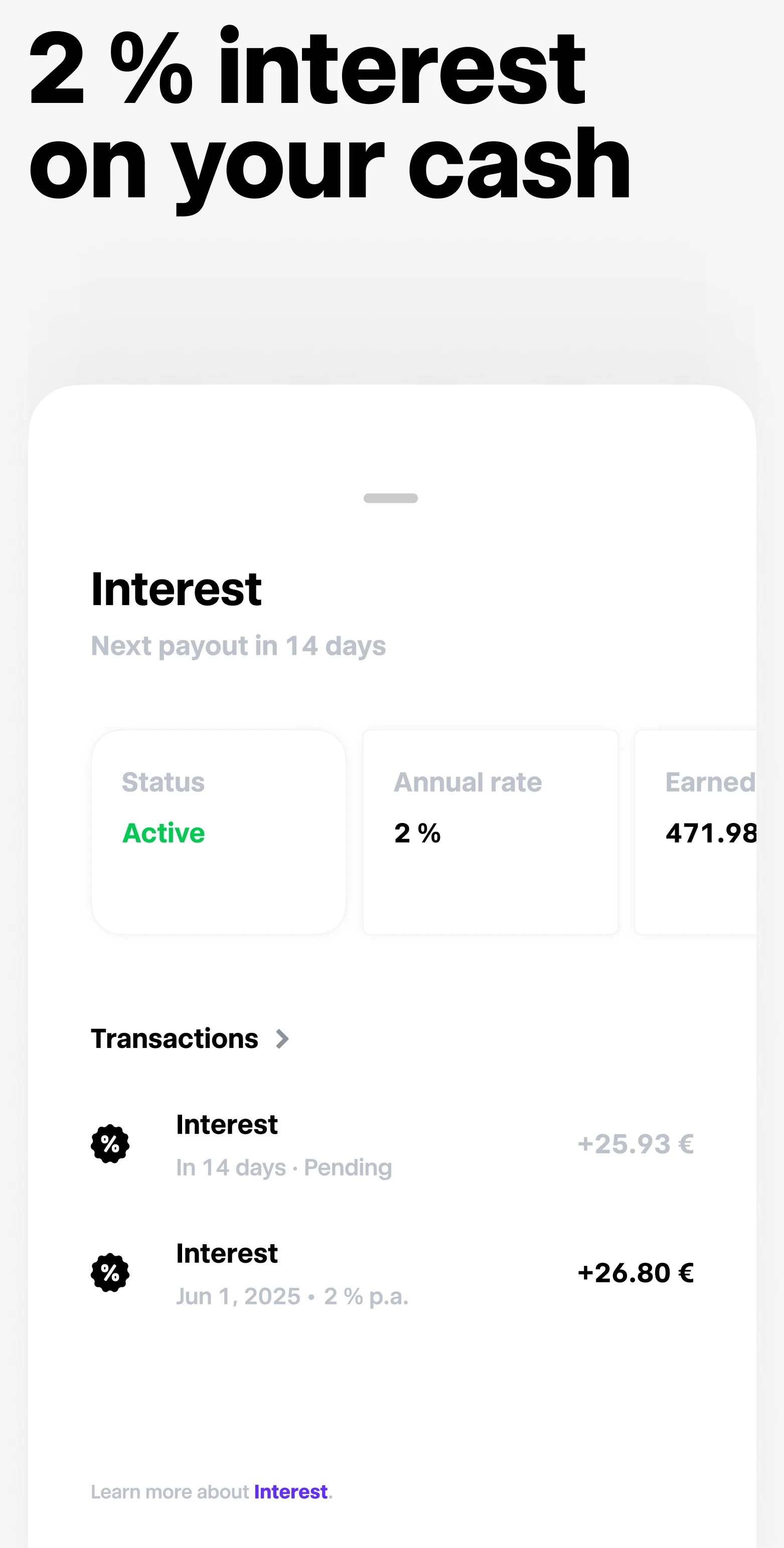 Trade Republic interest feature showing 2 percent annual rate and earned interest