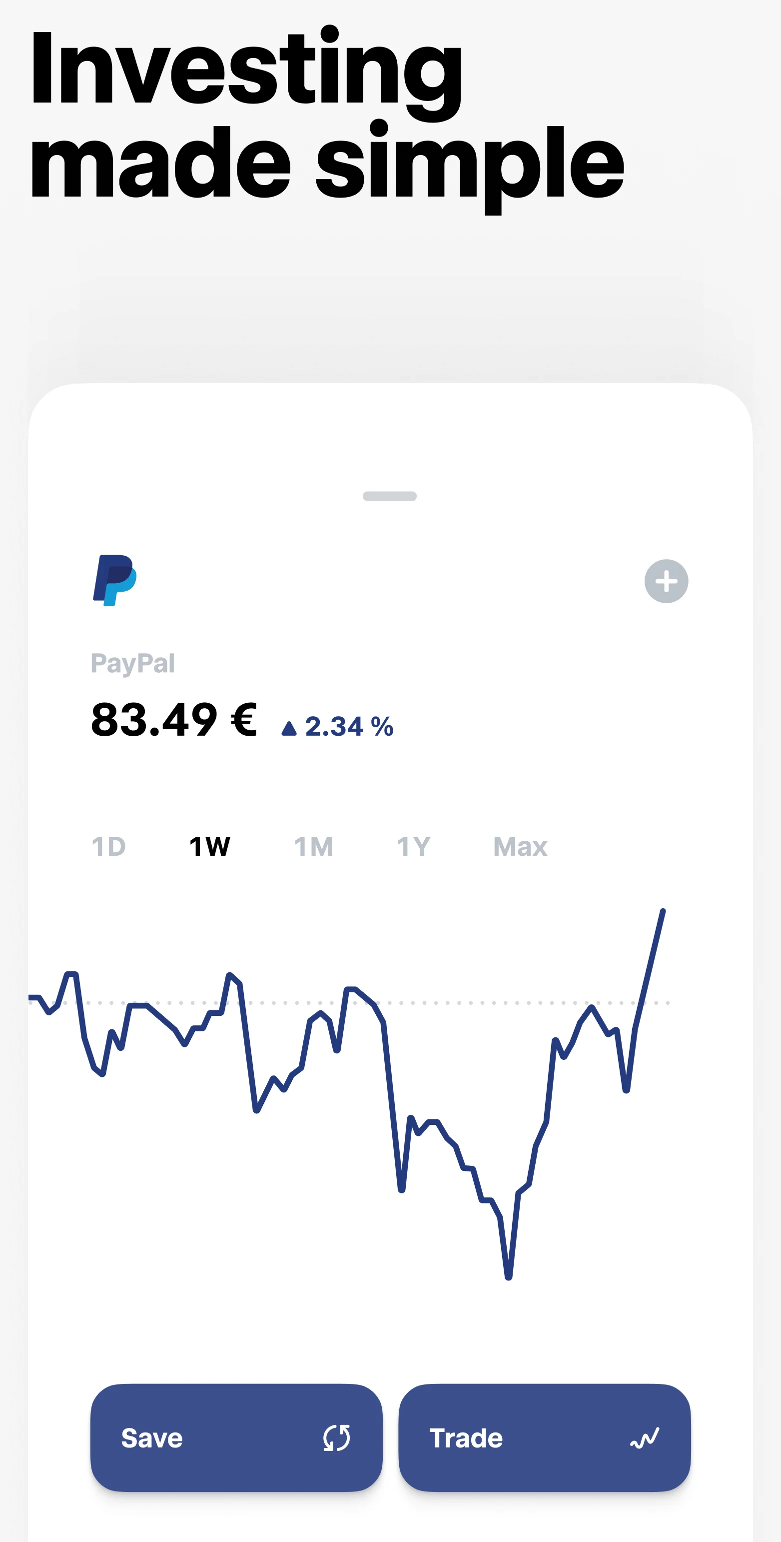 Trade Republic stock detail view showing PayPal price chart and trade buttons