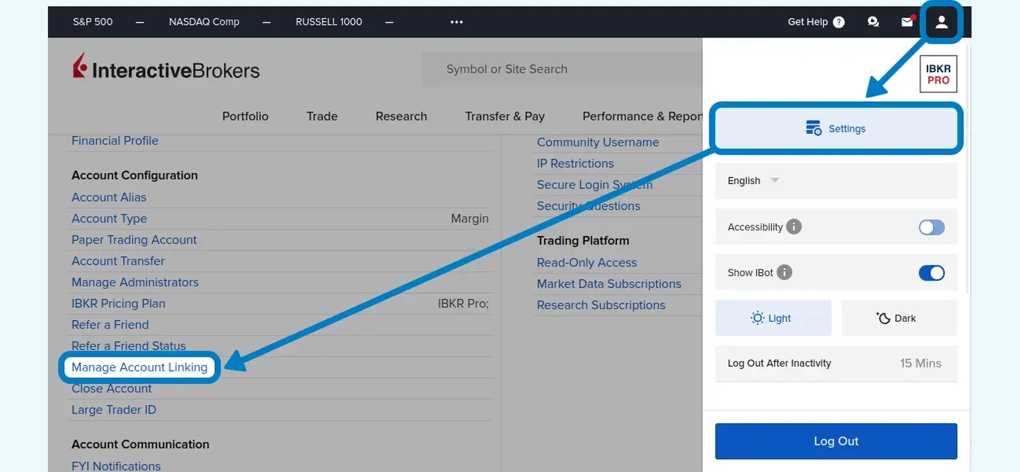 Interactive Brokers Client Portal with the Settings menu and the Manage Account Linking link under Account Configuration
